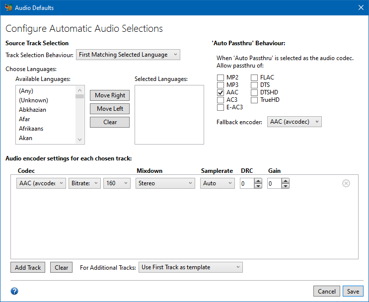Audio Defaults Window
