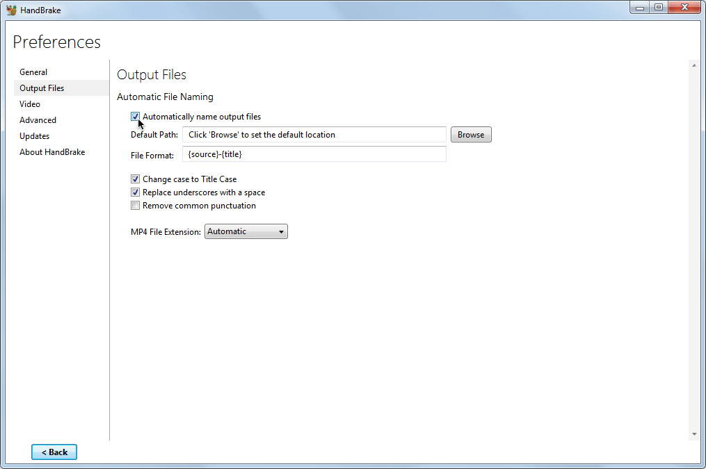 Selecting
the
Automatically
name
output
files
setting
